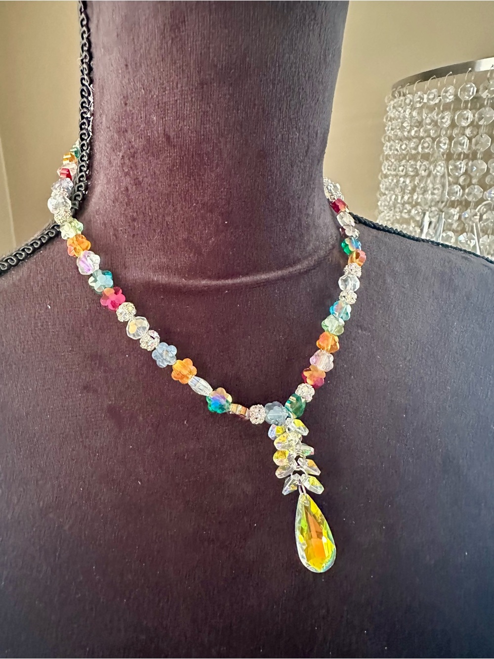Hand Crafted Multicolor Crystal Beaded Necklace with Iridescent Teardrop - Picture 6 of 7